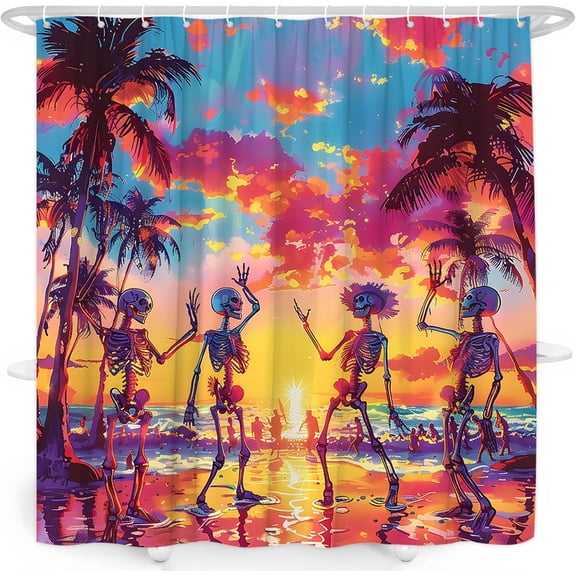 Gothic Skull Beach Shower Curtain, Tropical Sunset Skeleton Waterproof Bathroom Curtain with Hooks, Halloween Bathroom Decor 36"W x 72"H