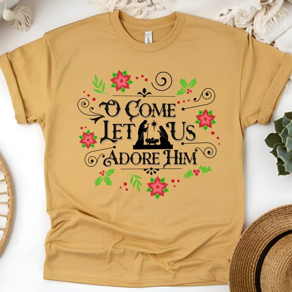 O Come Let Us Adore Him T-Shirt, Christian Nativity Scene Christmas Tee, Gold, Size M