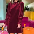 thumbnail image 2 of Womens Velvet Tunic Mini Dress Fall Fashion Lantern Long Sleeve Shirt Dress Crewneck Casual Loose Fit Pullover Dress, 2 of 8