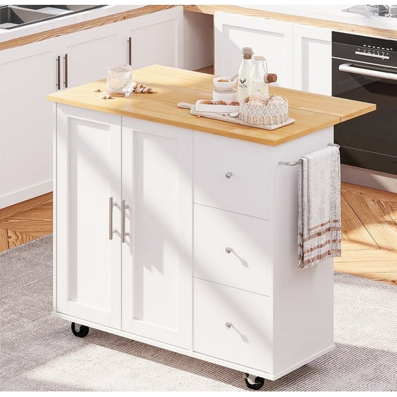 Walsunny 40" Kitchen Islands Carts with Storage Drop Leaf Countertop on Wheels Rolling Microwave Utility Carts with 3 Drawers 1 Storage Cabinets,White