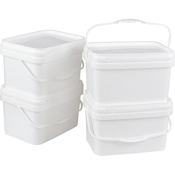 4 Pack 2.6 Gallon Small Buckets with Handle, Rectangular Food Grade Pail with Lid, White
