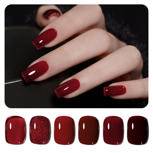 Set de esmaltes de uñas GAOY Red Gel, 6 colores, burdeos y cereza, 7,3 ml