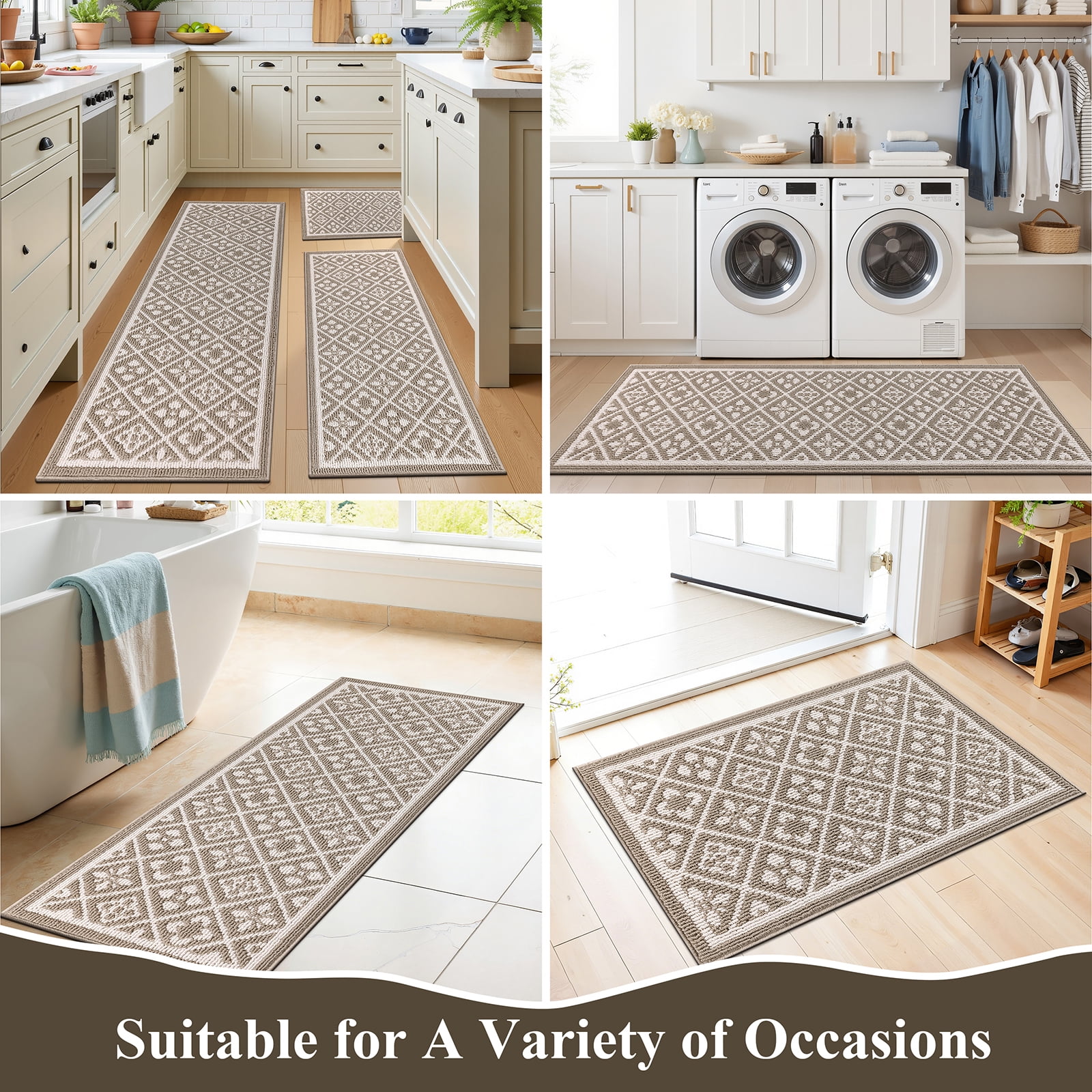 Vaukki Farmhouse Kitchen Rugs Sets of 3, Non Slip Kitchen Floor Mats Washable Kitchen Runner Rug, Beige