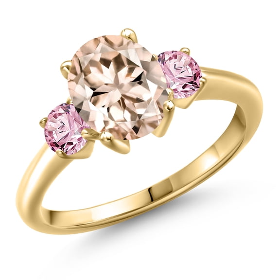 Gem Stone King 10K Yellow Gold Peach Morganite and Pink Lab Grown Diamond Engagement Ring for Women | 2.10 Cttw | Oval 9X7MM | Gemstone October Birthstone | Size 5