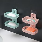 Opolski Soap Rack Multifunctional Punch-free Hollow Design Wall-mounted Double-deck Drainage Soap Storage Holder for Bathroom