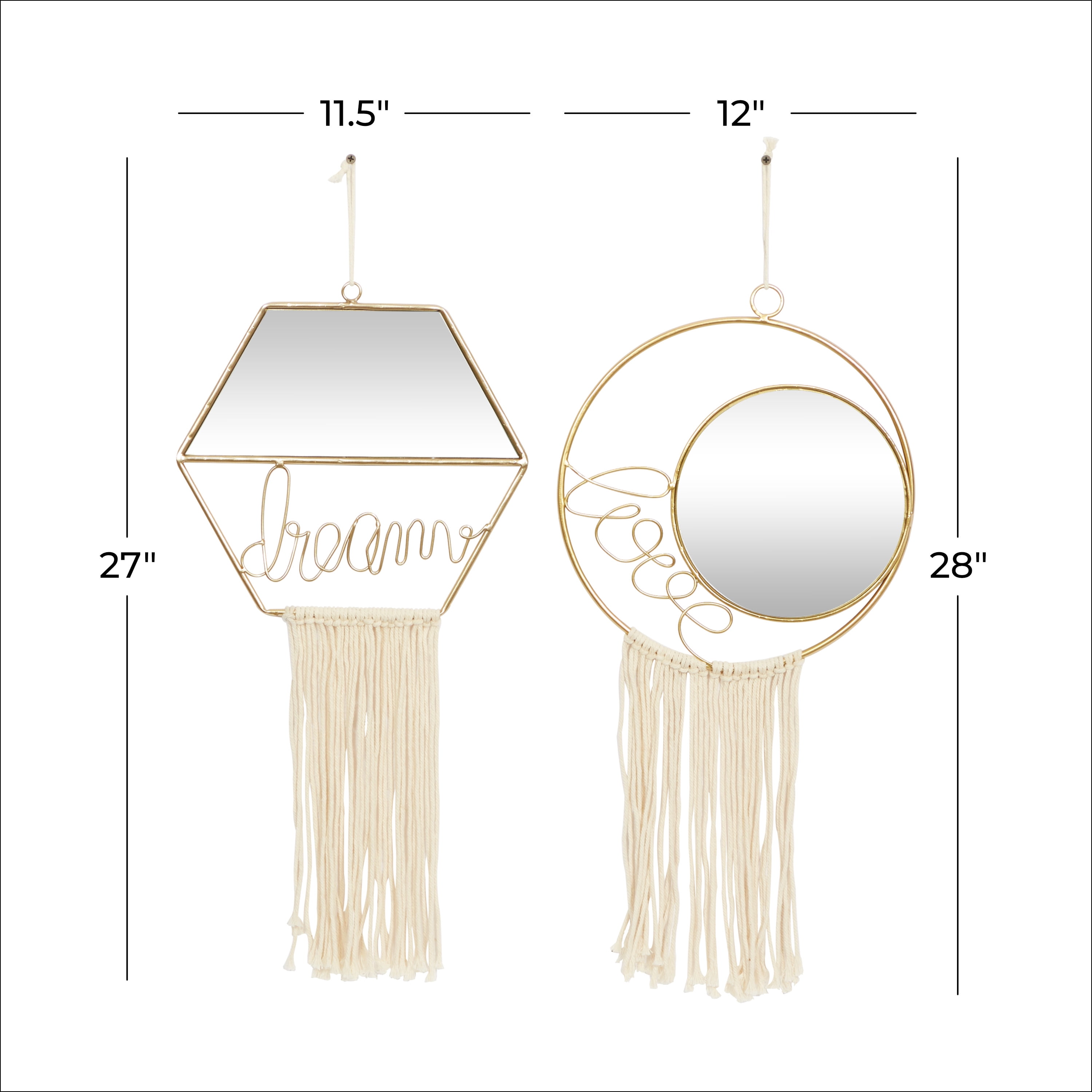 DecMode 27", 28"H Gold Handmade Dream, Love Wall Mirror with Fringe Tassels, Set of 2