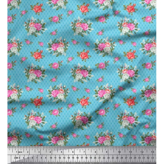 Soimoi Silk Fabric Ogee Damask,Leaves & Rose Floral Print Fabric by the Yard 42 Inch Wide