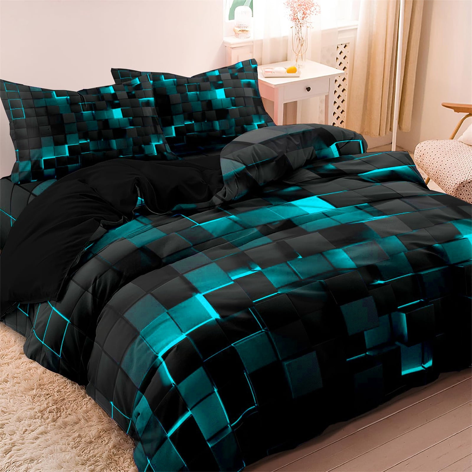 Taotanxi Blue and Black 3-PieceFull Size Light Geometric Comforter Set for Kids Boys Girls Geometry Decor Comforter Modern Style Duvet Set,x1 Quilt Cover, x2 Pillowcases