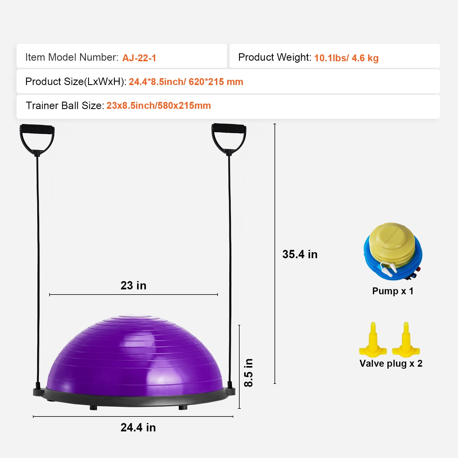 KFFKFF Semi Fitness Ball Equipment, 23-inch Equilibrium Ball Device, 660lbs Capacity Ball, Yoga Sphere with Resistance Loops & Foot Inflator, for Domestic Gym, Comprehensive Body Exercise, Violet