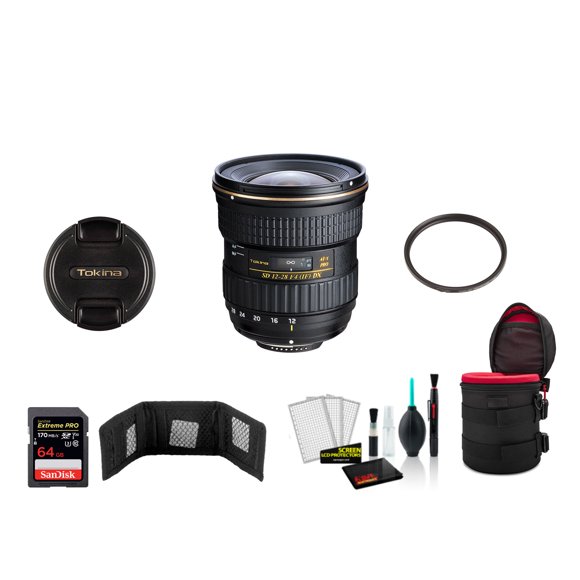 Tokina 12-28mm F/4.0 AT-X Pro APS-C Lens for Canon- Wide Angle to Standard Length Lens (ATXAF128DXC)- Kit with 64GB Memory Card, Lens Case and More