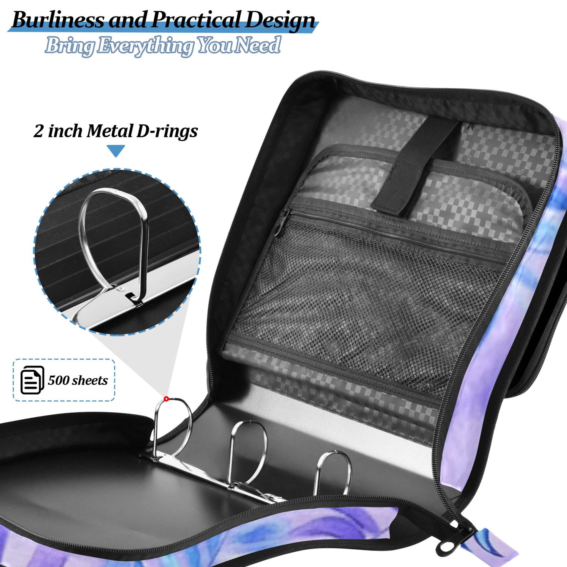 3 Ring Zipper Binder with Shoulder Strap Waterproof Trapper Keeper 2 Inch D-Ring 500 Sheets Capacity Blue Purple Palm Leaves