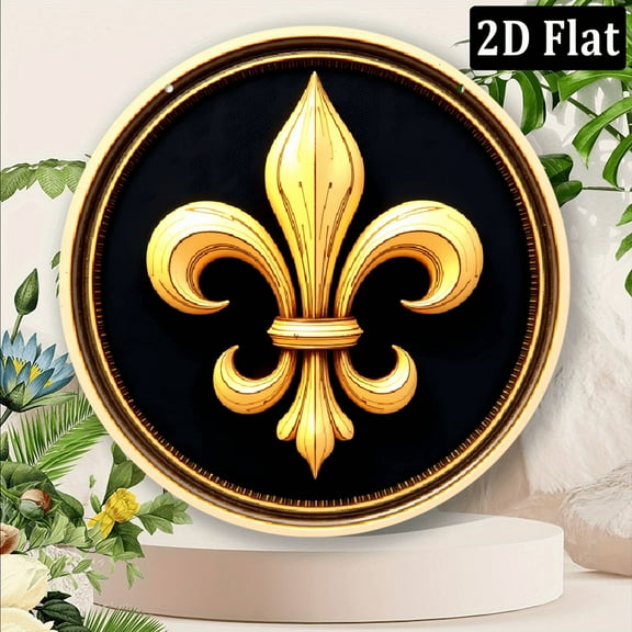 2D Flat, 1pc 8x8 Inch Round Aluminum Fleur de Lis Decorative Plaque - Golden on Black 2D Flat Wall Art Sign for Home, Garden, Party & Indoor_Outdoor Decor, Wall Art Decor, Elegant Design, Intricate