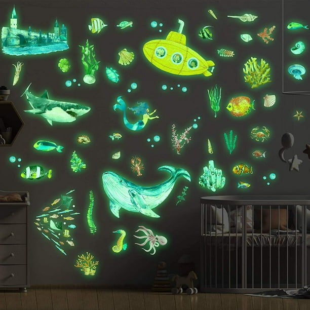 63 Pièces Autocollants Muraux de la Mer Phosphorescente Autocollants  Fluorescents sur le Thème de l'Océan Autocollants de Créature du Monde de  la Mer Décoration Murale d'Animaux Sous-Marins Lumineux pour Chambre d'Enfant  Chambre