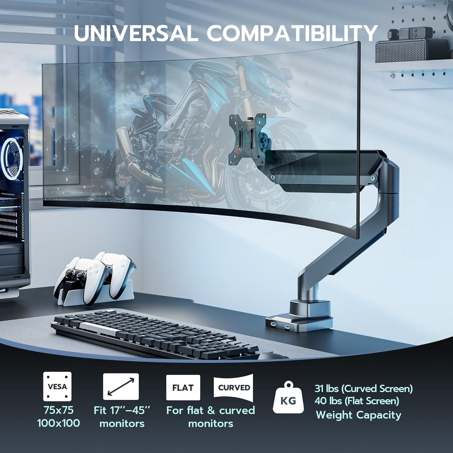 ARES WING Single Monitor Arm with USB, Heavy Duty Adjustable Monitor Arm for 13"-49" Screens, Gas Spring Monitor Arm Desk Mount with Clamp & Grommet Base Holds up to 40 lb, VESA 75x75 100x100, Grey