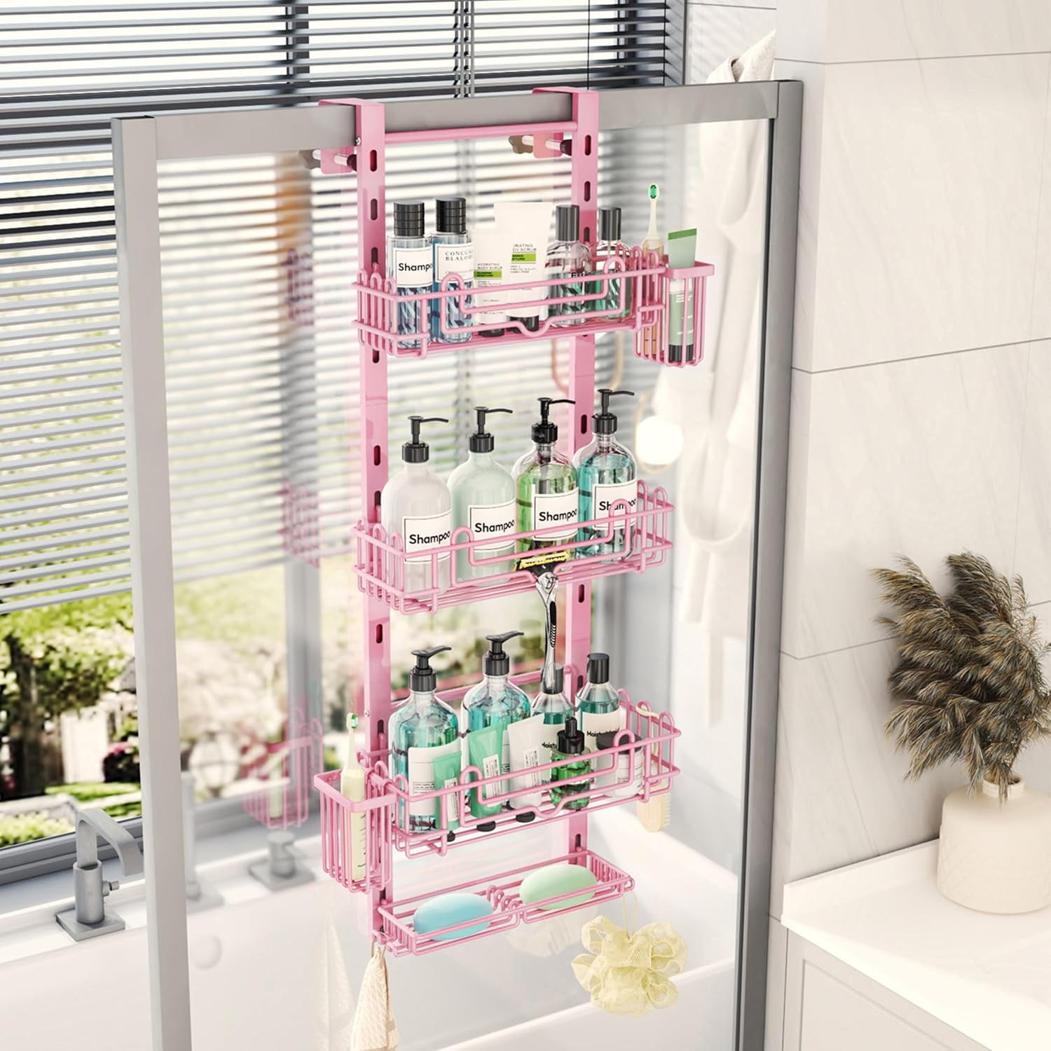Hanging Shower Caddy Organizer - Shower Shelf with 22 Hooks and 2 Toothbrush Holders, No Drilling Adjustable Hanging Bathroom Organizer - Pink