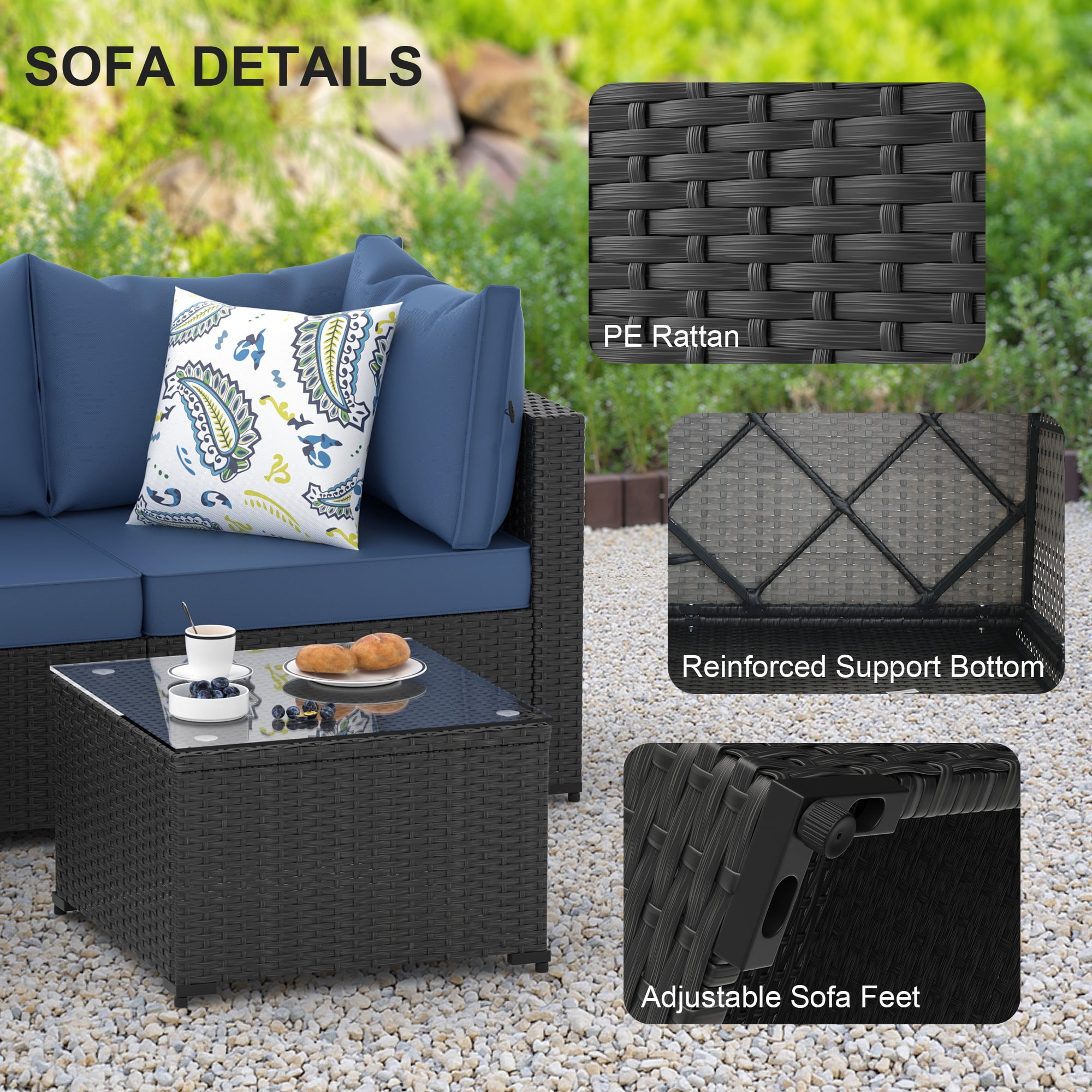 5 Pieces Outdoor Patio Furniture Set Sectional with Ottoman Wicker Rattan Patio Couch,Blue