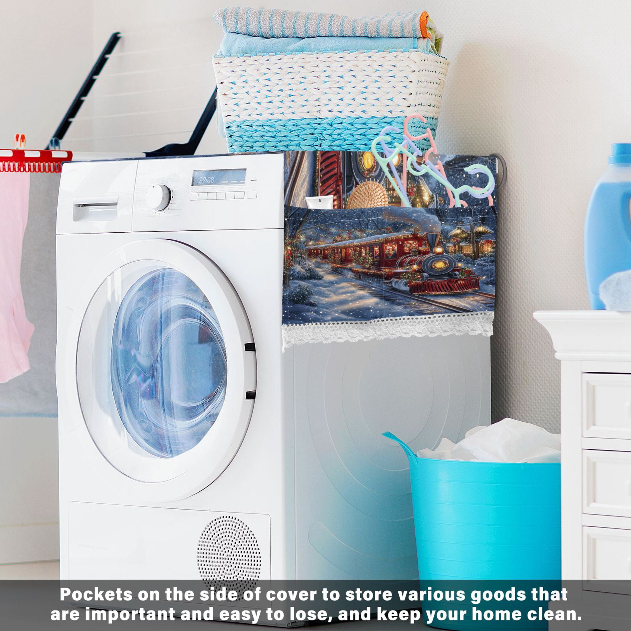 Christmas TrainWasher and Dryer Covers Dust-Proof and Oil Resistant Fridge Cover with 4 Storage Pockets Washing Machine Top Cover for Laundry Kitchen Home 51.2 x 22 In