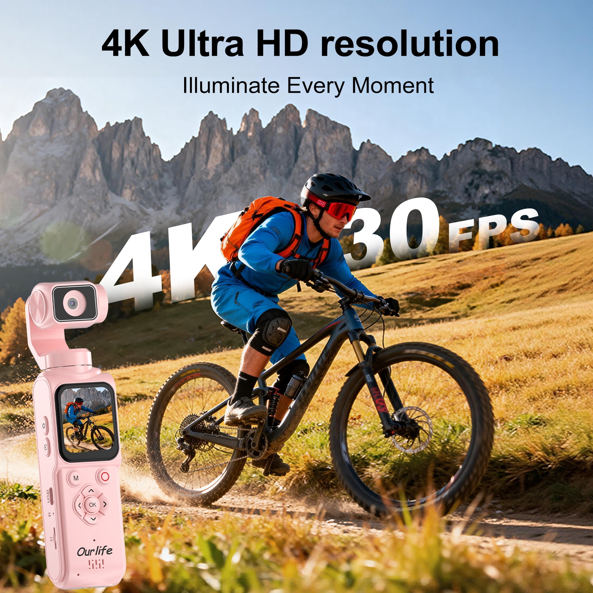 Ourlife 4K Vlogging Camera Pocket Gimbal Camera 1.72" Touch Screen AI Face Tracking 2400mAh Ultra-Long Battery Life Travel  Video Camera for YouTube TikTok Creators Pink