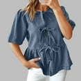 thumbnail image 2 of Women's Bow Tie Front Denim Shirt Puff Short Sleeve Crewneck Ruffle Hem Peplum Blouse Cute Y2K Jean Shirts, 2 of 7