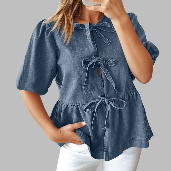 Nuoqisi Womens Denim Tie Front Tops Babydoll Peplum Puff Sleeve Jean Shirts Crew Neck Summer Casual Bow Blouses