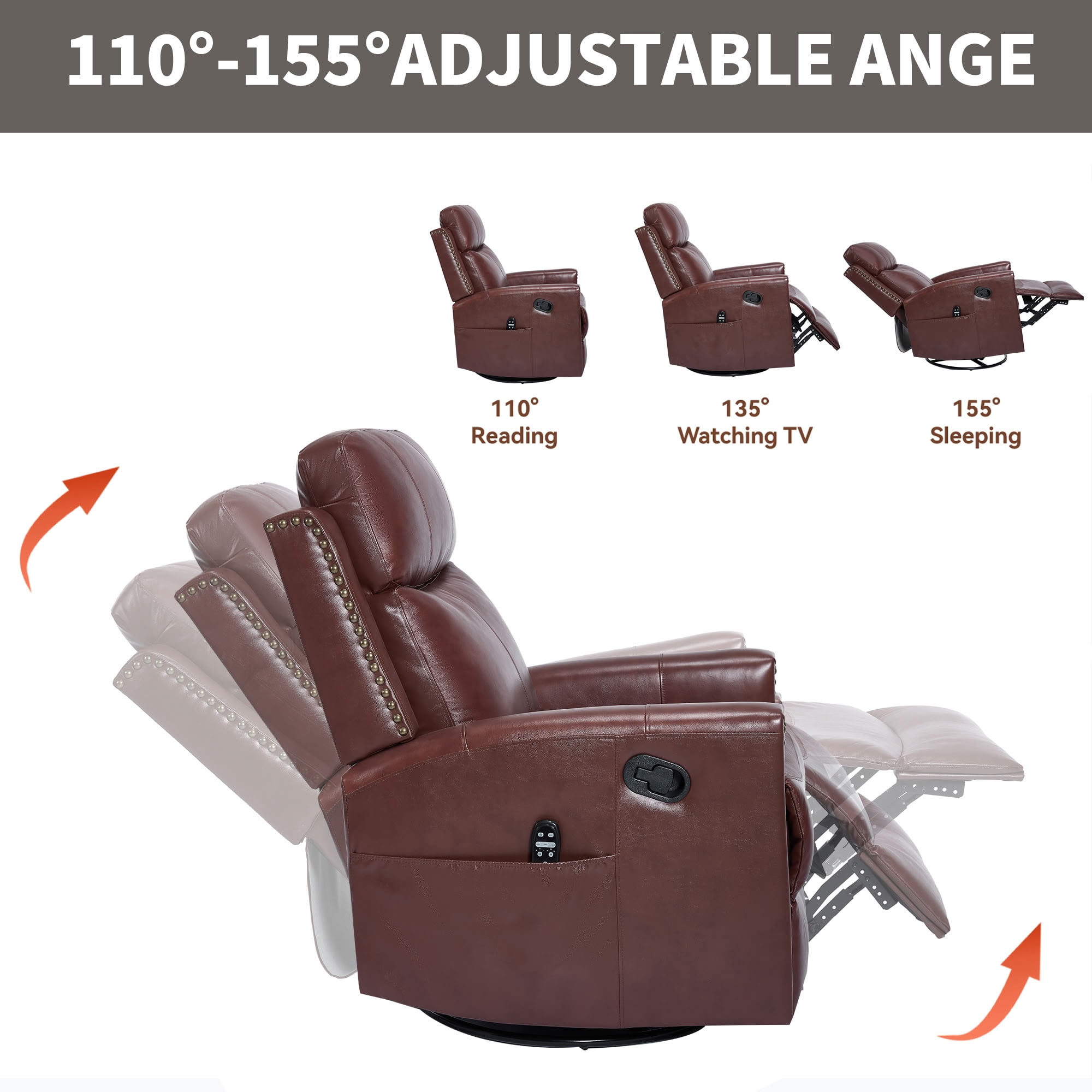MAYEERTY Genuine Leather Swivel Recliner Chair, Manual Rocker Lounge Chair with 8-Point Massage & Lumbar Heat, for Living Room Home Theater