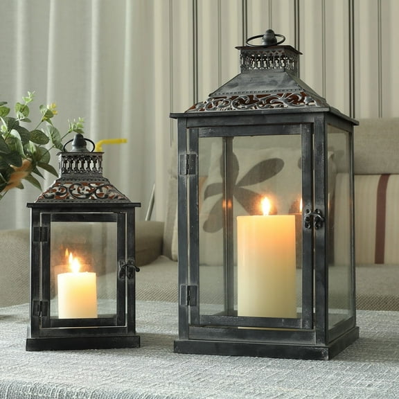 2 Set of Large Metal Candle Lanterns with Clear Glass (Antique Grey)
