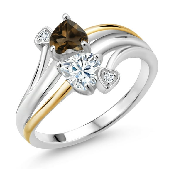 Gem Stone King 925 Silver and 10K Yellow Gold Lab Grown Diamond Ring Smoky Quartz Moissanite (0.88 Cttw, Size 5)
