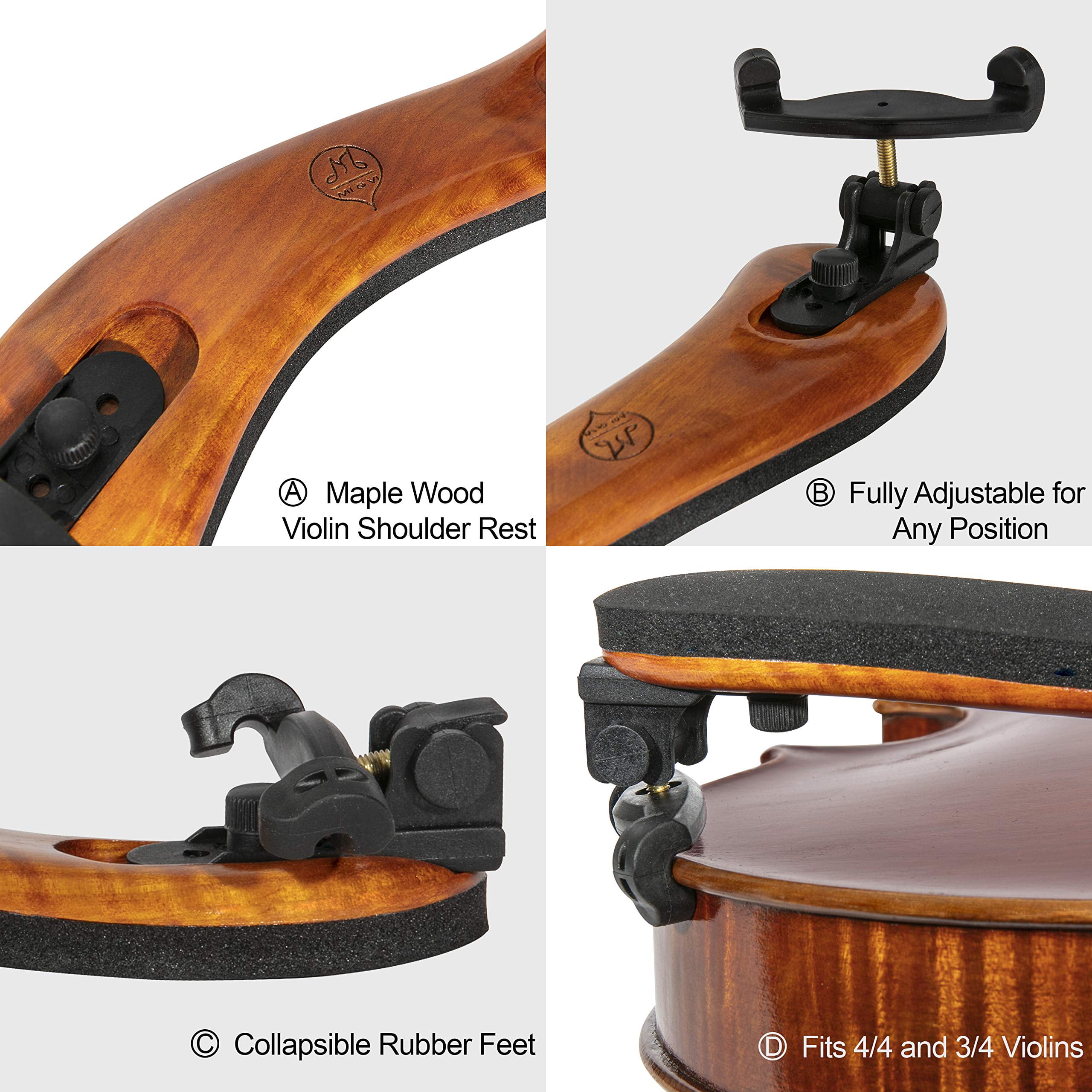MI&VI Violin Shoulder Rest - Real Maple Wood | Collapsible | Adjustable | Height Adjustable Feet | Excellent Support Grip (Violin 4/4-3/4& Viola 14"-13")
