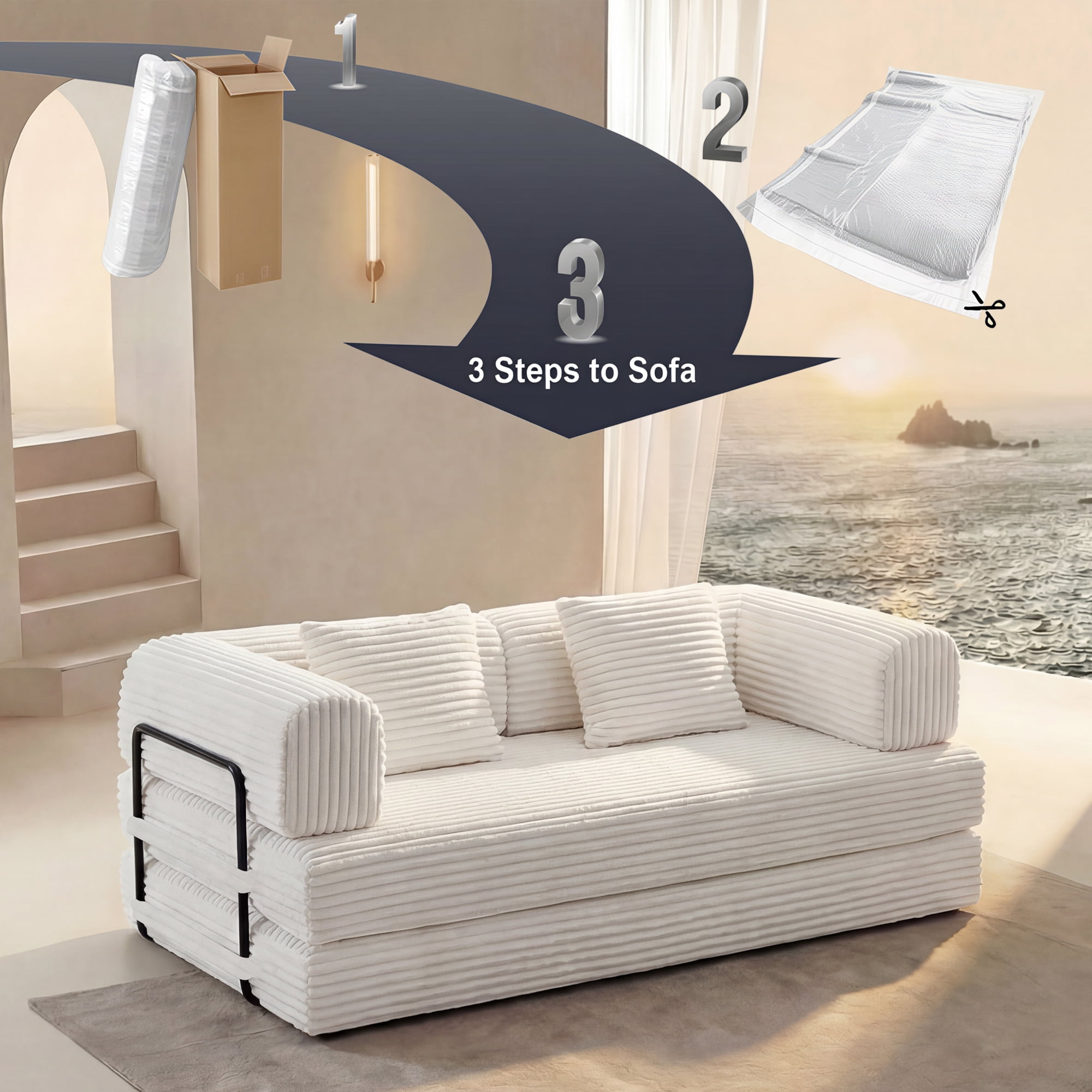 Convertible Sofa Bed, Floor Sofa with Pillow Back Support and Corduroy Fabric, Modular Sectional Design for Small Spaces, Beige