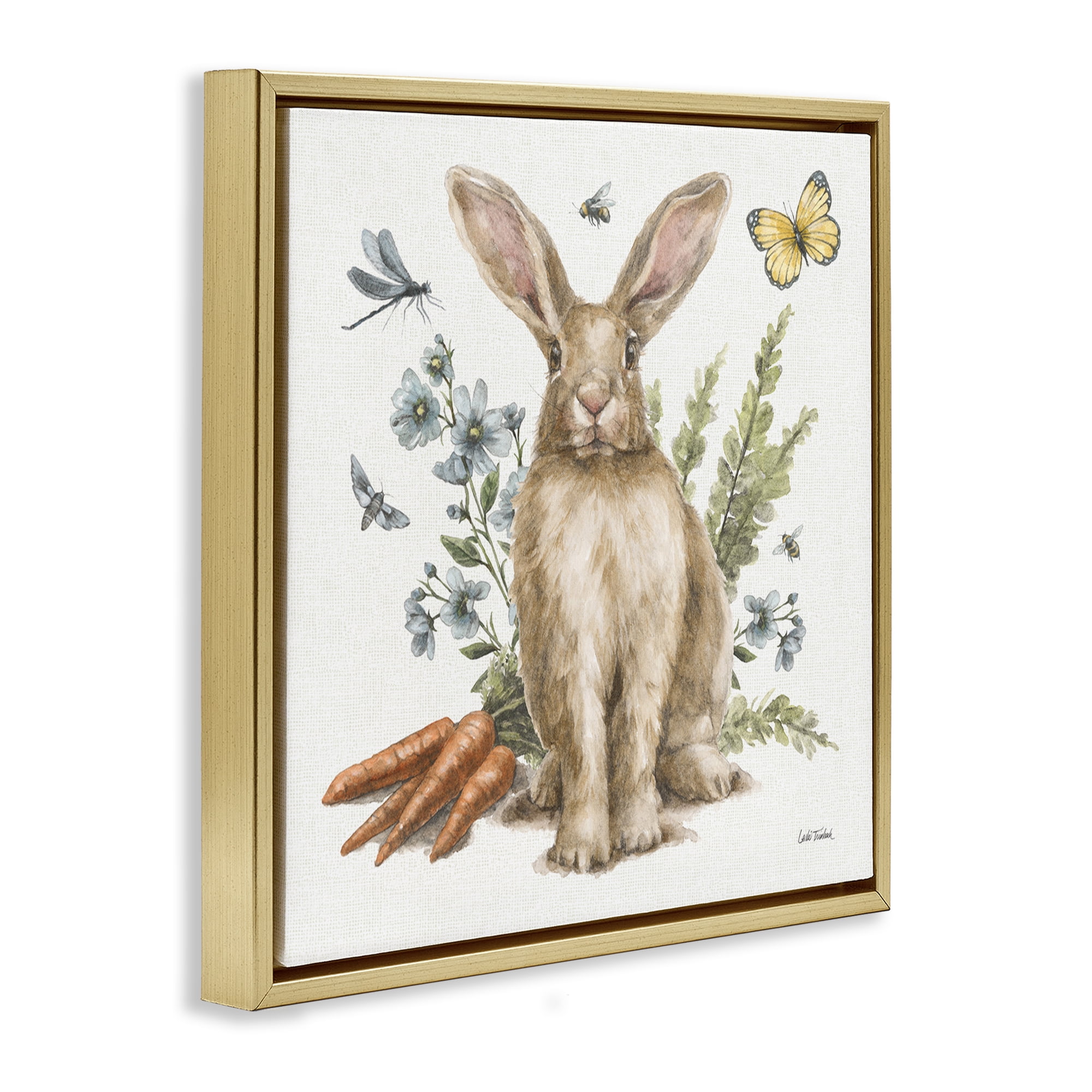 Stupell Industries Rabbit & Garden Patch Animals & Insects Painting Gold Floater Framed Canvas Art Print Wall Art, 18 x 18