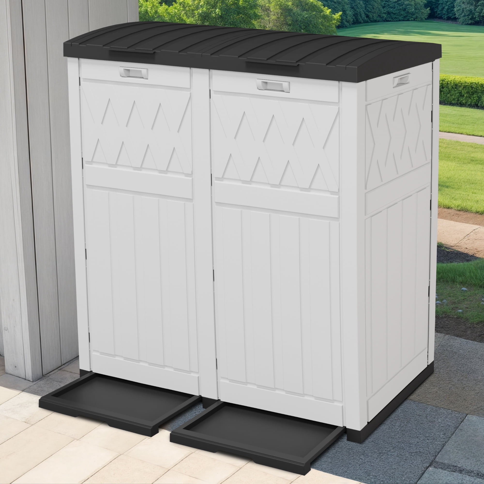 Uforic 62 Gallon Double Compartment Outdoor Trash Can, Waterproof Resin Garbage Bin with Tiered Lid and Drip Tray for Patio, Deck, Backyard, White