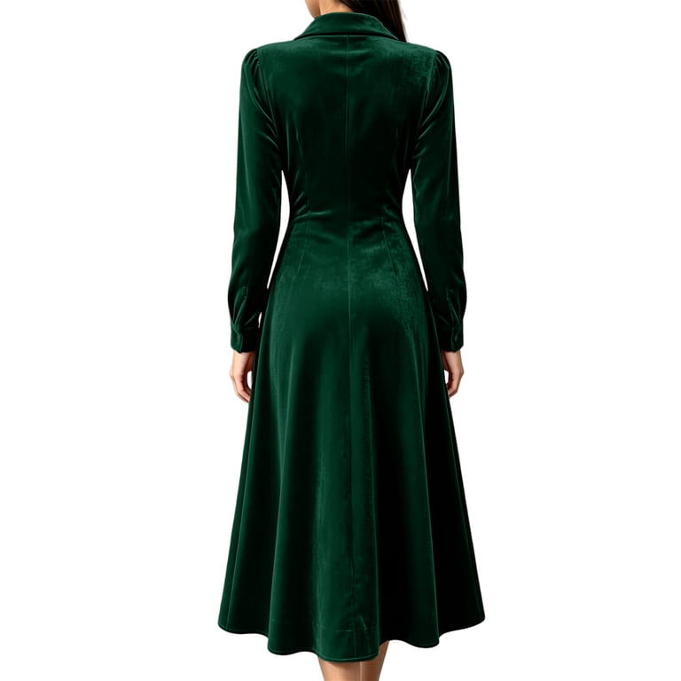 Women Collared Button Front Velvet Midi Dress, Long Sleeve High Waist A Line Flowy Dress, Elegant Vintage Formal Guest Dress for Wedding Holiday Cocktail Party,Dark Green,2XL