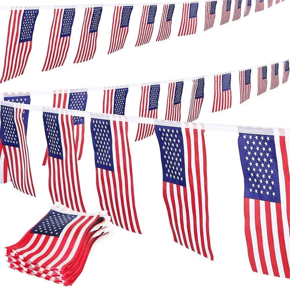 American Flag Themed Banner, Small Mini US USA Flags Patriotic Decoration for 4th of July, Party, Classroom, Sports Events, 32 Feet 30 Flags