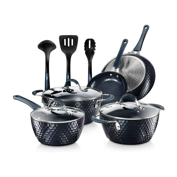 NutriChef 11 Piece Nonstick Diamond Pattern Kitchen Cookware Set, Dark Blue