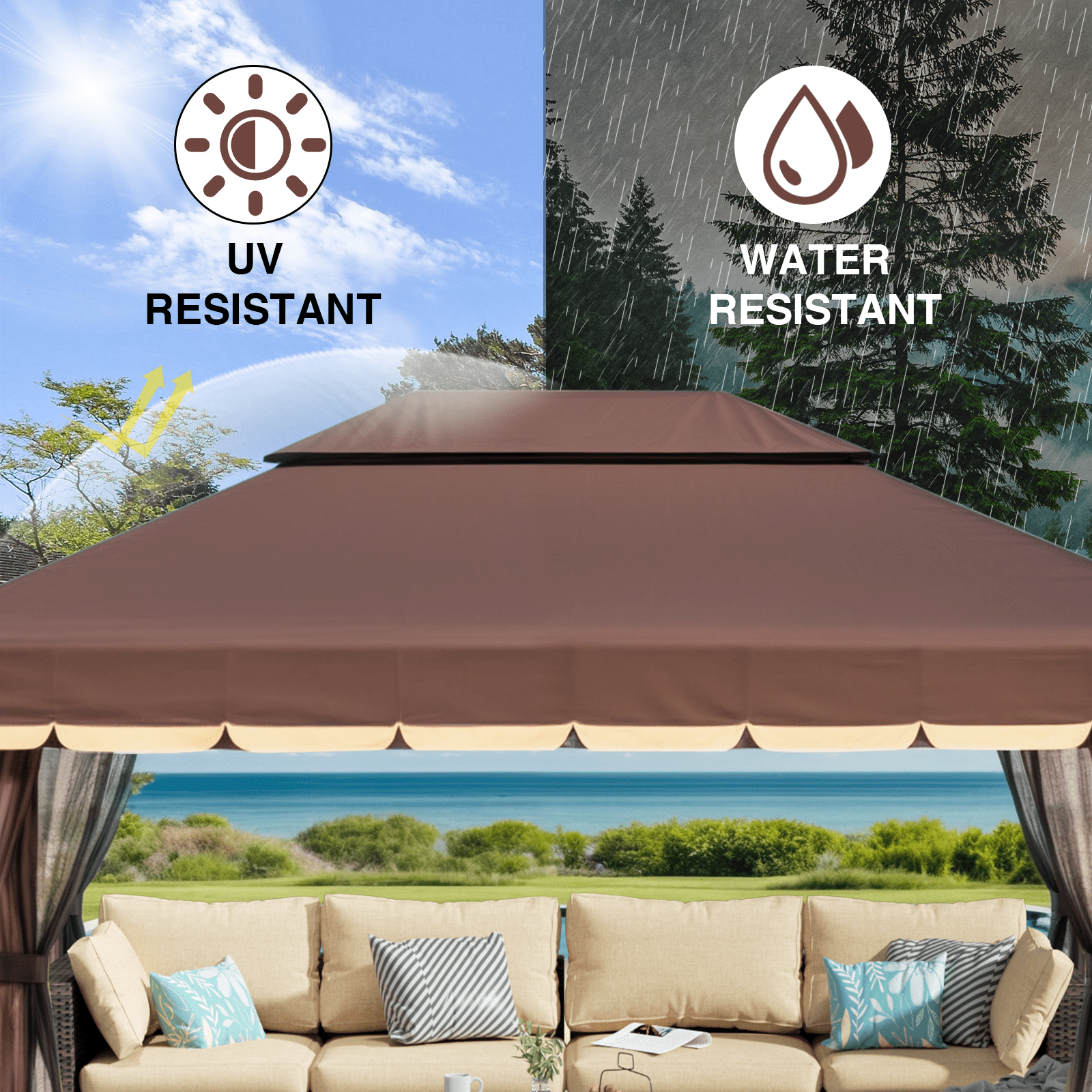 Gaptain 10×12 FT Deluxe No Screws Gazebo,Double Roof Outdoor Shelter Tent with Mosquito Nettings and Privacy Screens, Brown