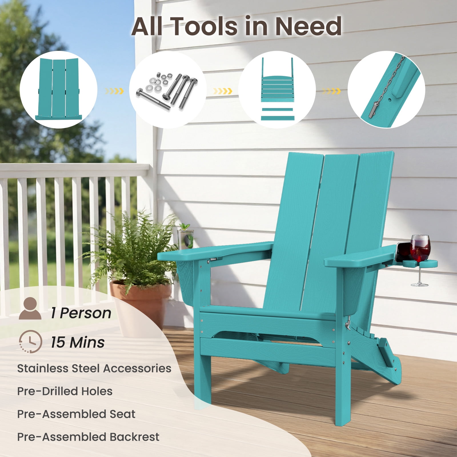 RIAFUN HDPE Foldable Adirondack Chair, Outdoor Patio Chair with 2 Cup Holders, Heavy Duty All-Weather Seating for Lawn,Porch,Deck,Backyard, Peacock Blue