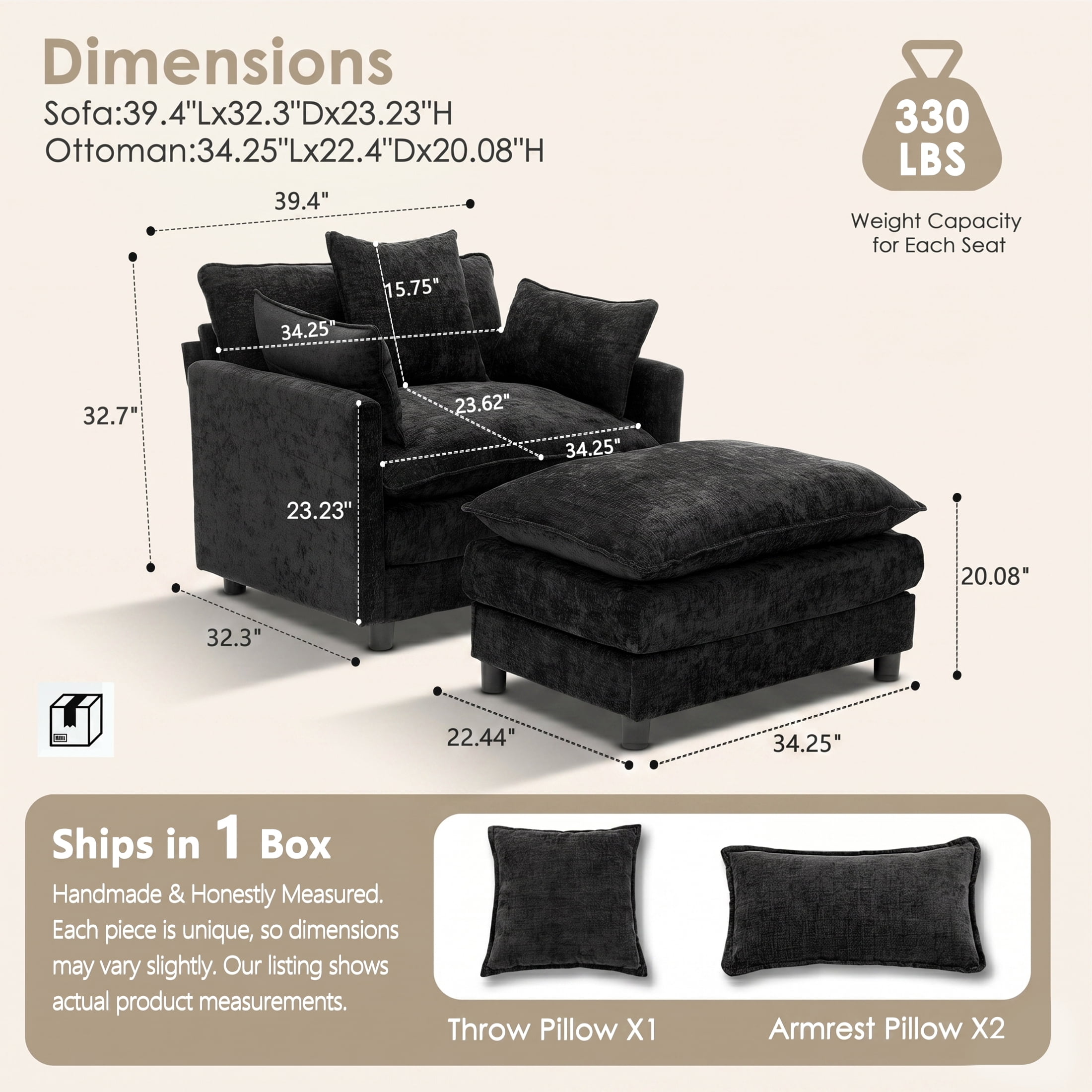 AISWORD Oversized Modular Sectional Sofa with Ottoman, Upholstered Deep Seat Chaise Lounge with Pillows for Living Room, Black