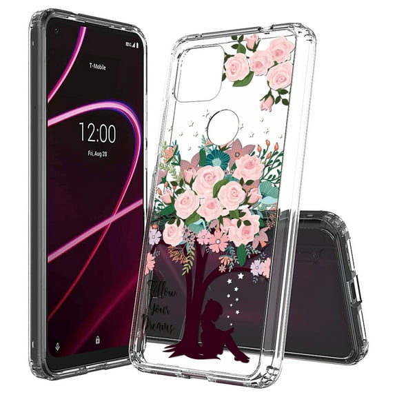 Beyond Cell compatible with T-Mobile Revvl 5G (2020) Case,, Transparent Clear Shock Absorption Cushion Bumper Corner Soft TPU   PC Cover Roses Tree