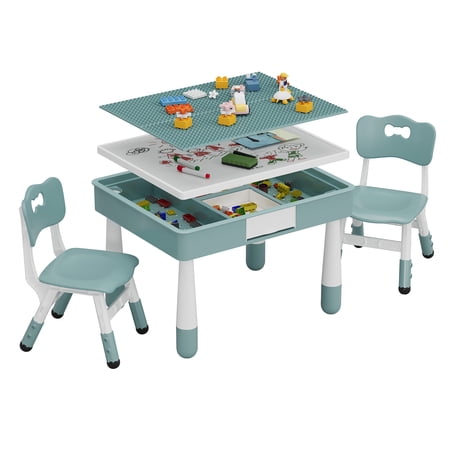 Ataucjin 4-in-1 Kids Table and Chair Set Toddler Activity Table with 2 Adjustable Chairs Reversible Double-Sided Block & Graffiti Top Study Play Desk for Ages 3-10