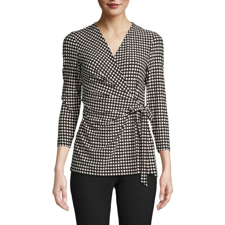 ANNE KLEIN Womens Black Tie Polka Dot Long Sleeve V Neck Wrap Top Size: M