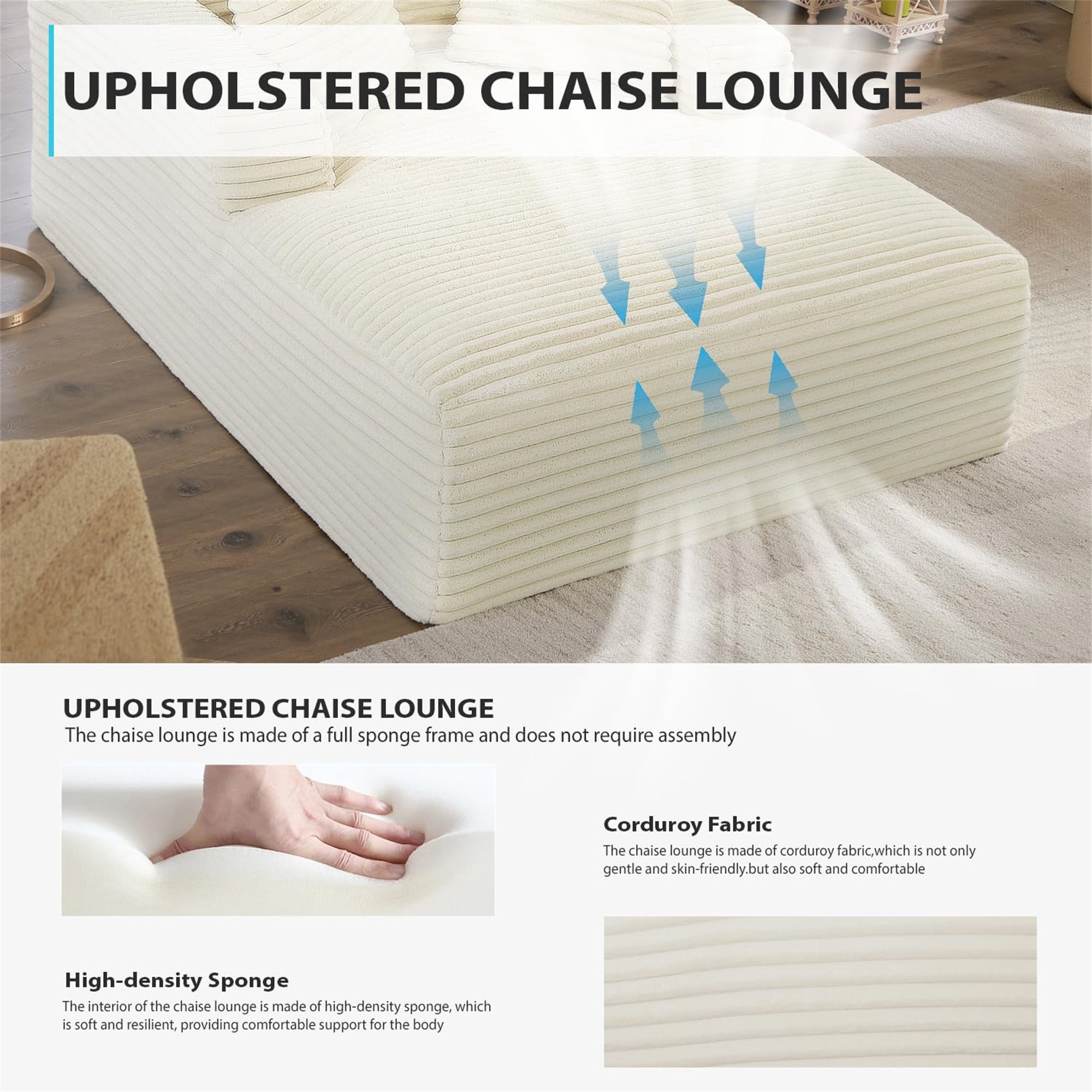 Aukfa 66" Oversized Chaise Lounge Indoor Chair Boneless Couch for Living Room Bedroom, 3Pillows, White