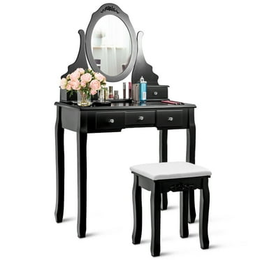 Gymax Vanity Jewelry Wooden Makeup Dressing Table Set with Stool Mirror & 5 Drawers Black