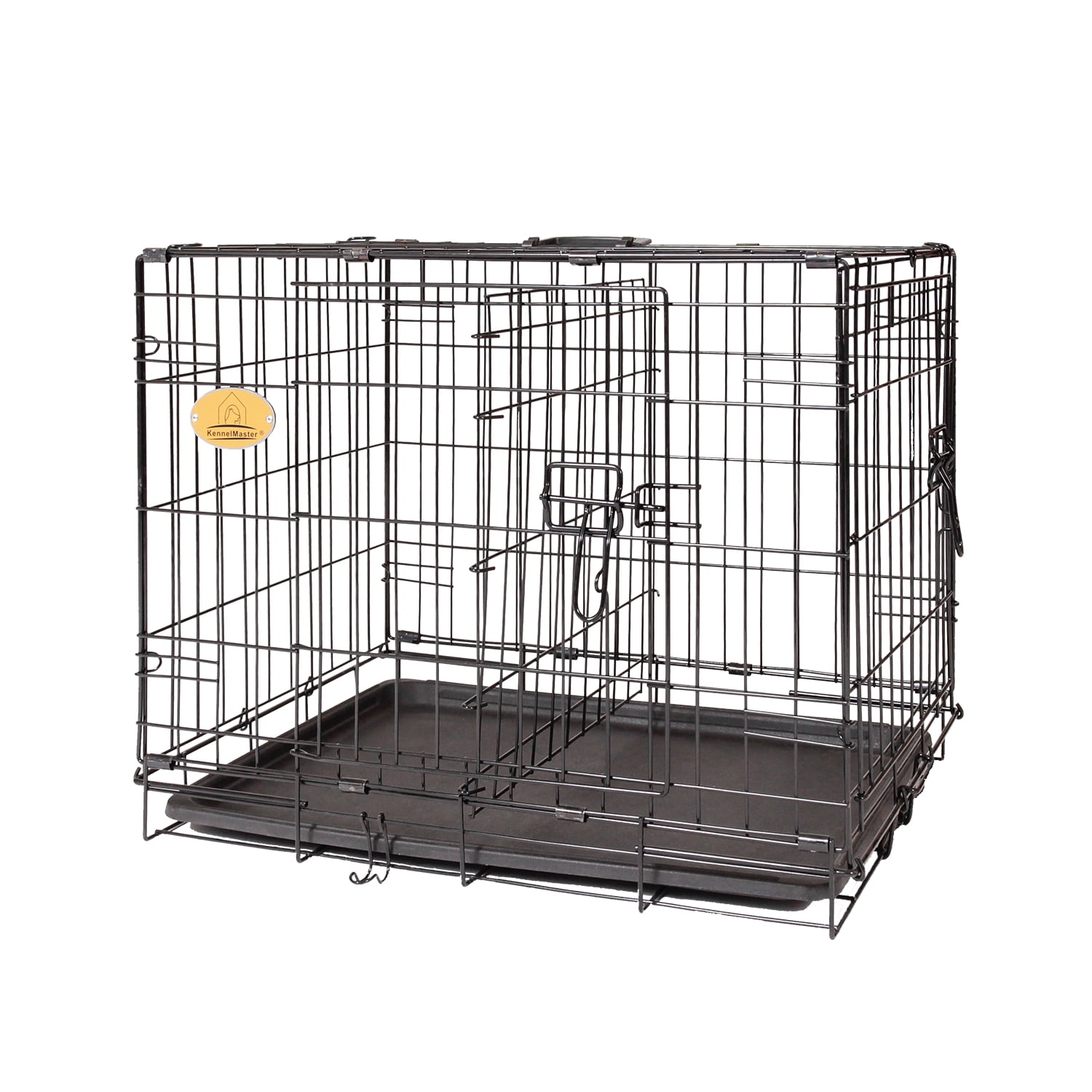 KennelMaster Large Double Door Folding Wire Dog Crate with Divider and Tray, 48"L, Black