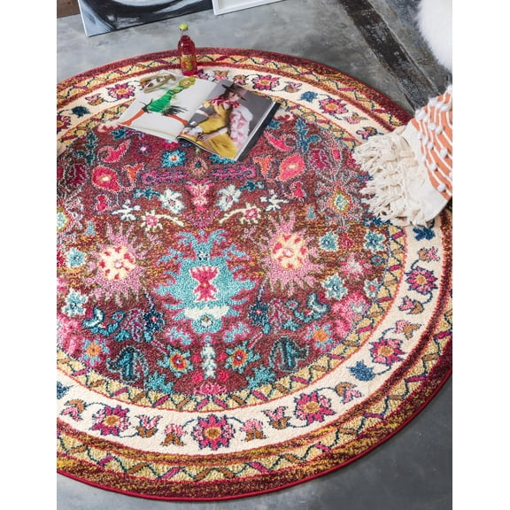 Rugs.com Fleur Collection Rug – 6' Round Multi Medium-Pile Rug Perfect For Kitchens, Dining Rooms