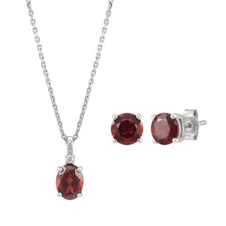 Brilliance Fine Jewelry Garnet and White Cubic Zircoina Pendant Necklace and Studs Set in Sterling Silver