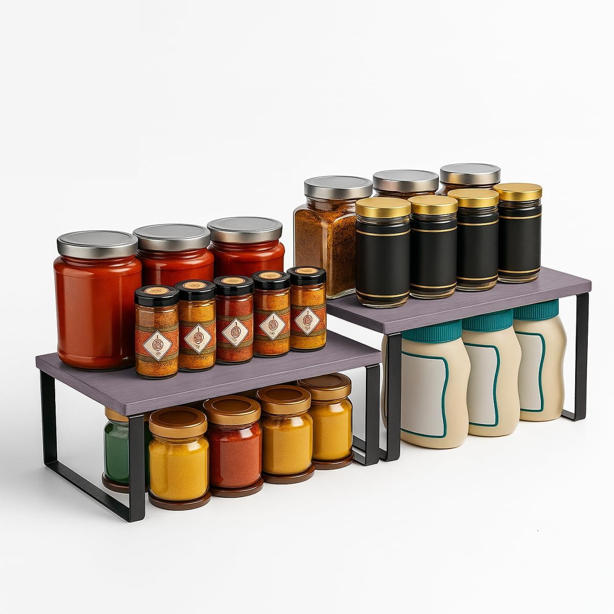 Sben Kitchen Cabinet Organizer Shelf Set of 2, Stackable Expandable Counter Shelves, Spice Rack, Bamboo Metal, Brown, Kitchen Pantry Storage