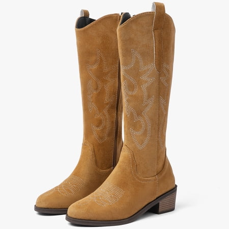 Northblanc Western Cowboy Boots for Women - Knee High Pointed Toe Chunky Heel Cowgirl Boots, Retro Country Vintage Classic Tall Boots