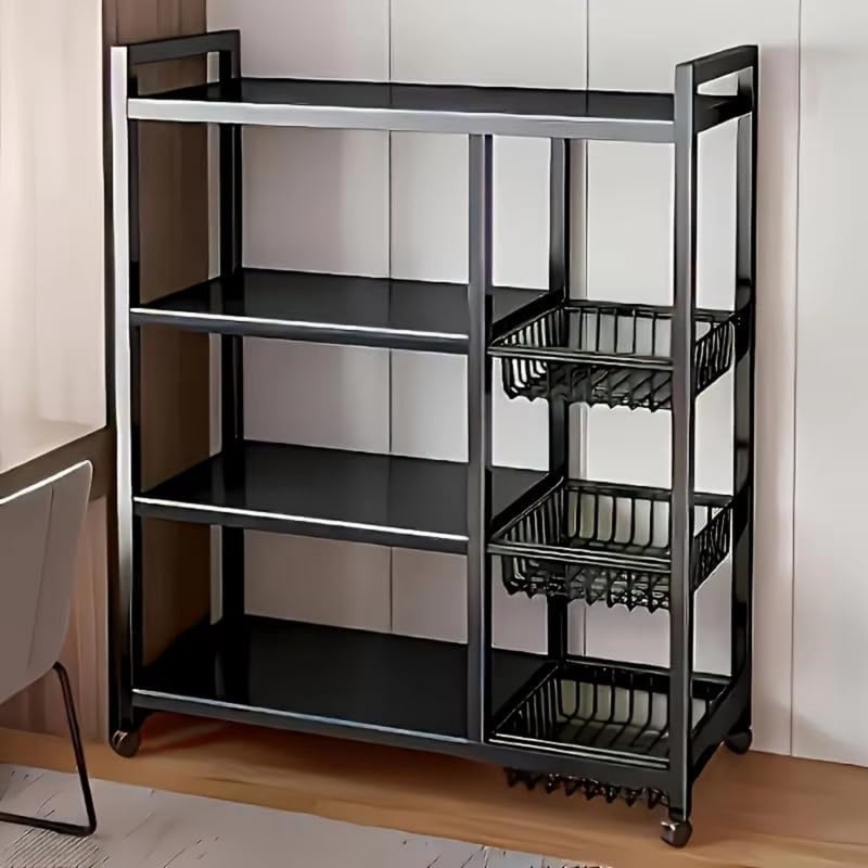 4-Tier Metal Heavy Duty Kitchen Rack, Mobile Utility Service Cart Kitchen Organizer Shelf with 3 Baskets, Organizer Shelves Storage Rack for Kitchen Garage
