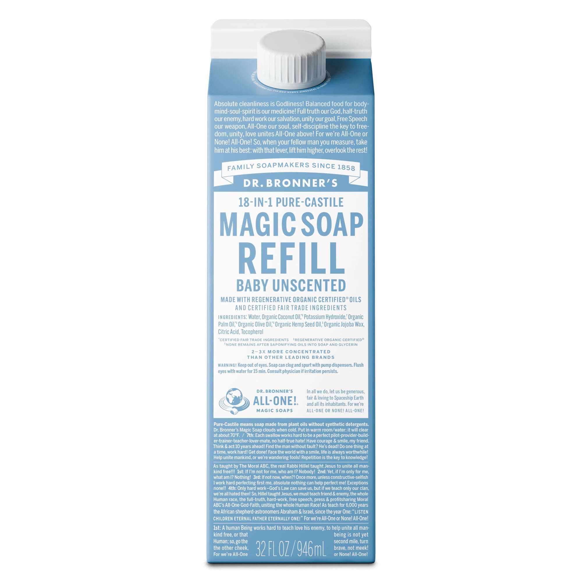 Dr.Bronner's Magic Soap Refill, Baby Unscented, Pure-Castile Body Wash Liquid Soap, 32 fl oz