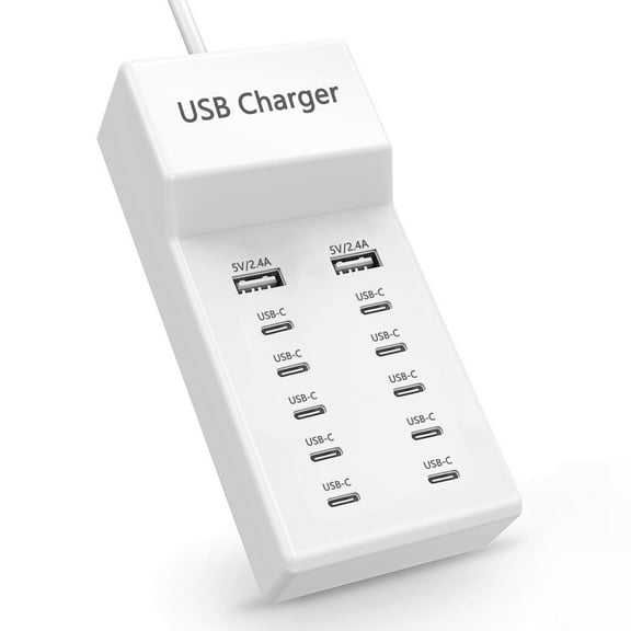 FU1999USB C Charger, 12-Port 60W USB Charging Station, MultiPort Charger [10 USB-C 2 USB-A], Multiple USB Wall Charger Desktop Charger Compatible with iPhone/Samsung/Google Pixel/Watch/Headphones